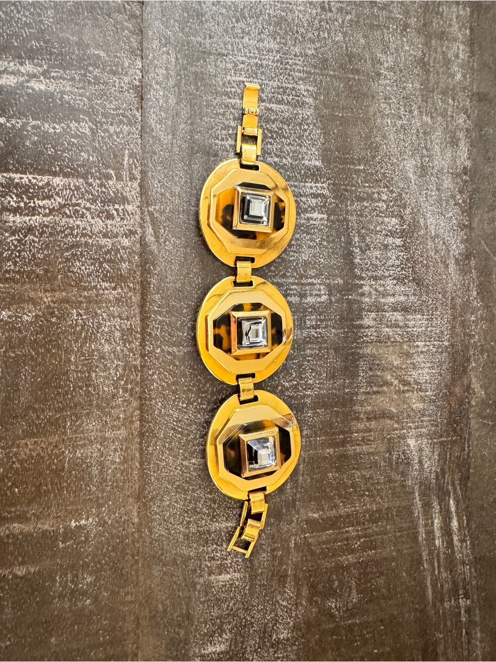 J. Crew Art Deco Geometric Gold-Tone Tortoise Bracelet- Clear Square Crystals